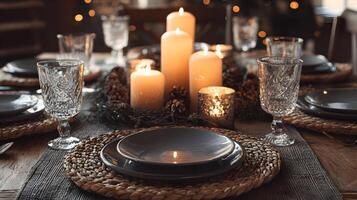 Elegantly set dining table with candles pinecones and beautiful glassware creating a warm ambiance for a festive gathering photo
