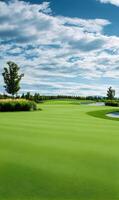 Panoramic view of a lush green golf course with bright blue sky and fluffy clouds offering serenity and challenge photo