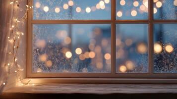 Cozy winter scene with window lights and snowy background creating a warm holiday atmosphere photo