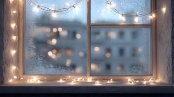 Winter window scene with frosted glass and festive string lights creating a cozy atmosphere indoors photo