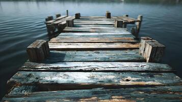 Old wooden pier extending into calm waters creating a tranquil and peaceful atmosphere on the lake photo