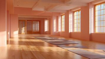 Bright sunlight streams into a spacious and serene yoga studio with wooden floors and mats arranged photo
