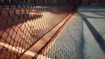 Shadows of the net falling on the colorful playing field surface create an abstract composition photo