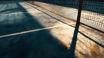Tennis court surface with dynamic shadows from the net showcasing textures and geometric patterns photo