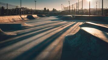 Urban playground awaits skaters and enthusiasts in this serene park with geometric forms and light play photo