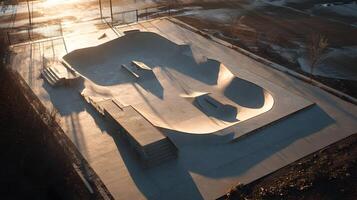 Concrete canvas an aerial view of a skate park bathed in the golden light of early morning creating long shadows photo