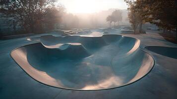 An empty skatepark basks in the early morning light creating a peaceful and serene atmosphere photo