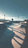 Sunlit skatepark curves and shadows creating a dreamy urban landscape for recreational activities during golden hour photo