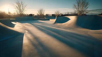 An urban landscape featuring an empty skatepark bathed in the warm glow of the setting sun, creating dramatic shadows photo