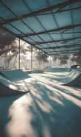 Sunlit urban skatepark inviting skaters to practice tricks and enjoy the outdoor recreation space with friends and family photo