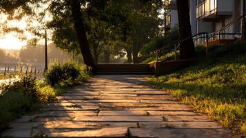 Sunrise path leads to a serene river park with lush trees and inviting stairs for exploration photo