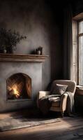 A cozy living room with a crackling fireplace radiates warmth creating an inviting atmosphere with soft light photo