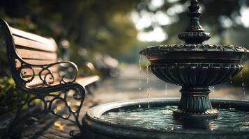 A serene escape to a quiet park bench beside a flowing fountain beckons relaxation and tranquility photo