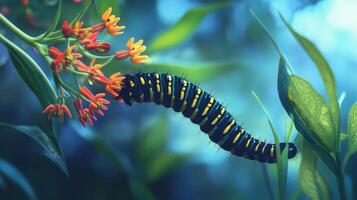 A caterpillar on a flower with green leaves photo