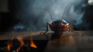 A cockroach on a table with smoke coming out of it photo