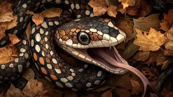 A snake with its mouth open in the leaves photo