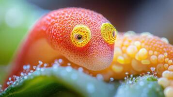 A close up of a red and yellow worm photo