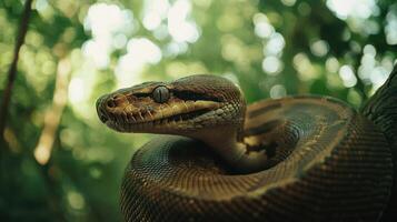 A snake is sitting on a branch in the forest photo