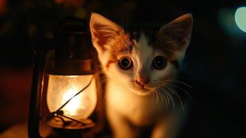 A kitten is standing next to a lantern photo