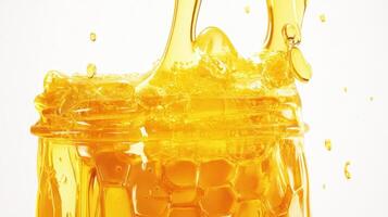 A glass of honey being poured into a jar photo