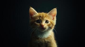 An orange kitten is looking up at the camera photo