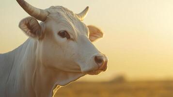A white cow with horns in a field photo