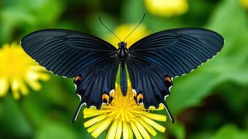 A black butterfly with a yellow flower on it photo