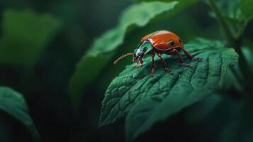 A ladybug is sitting on a green leaf photo