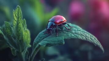 A red beetle on top of a green leaf photo