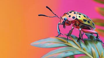 A colorful bug is sitting on top of a plant photo