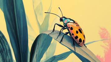 A colorful bug sitting on a leaf in front of a pink and yellow background photo