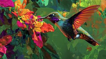 A painting of a hummingbird flying over a flower photo