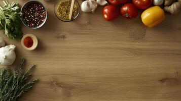 A wooden table with various vegetables and spices photo