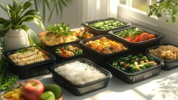 A variety of food in black containers on a table photo