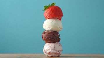 A stack of three ice cream scoops with a strawberry on top photo