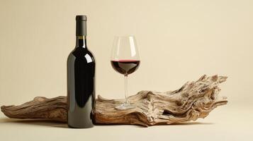 A bottle of red wine and a glass are on a wooden log photo