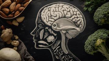 A drawing of a human brain surrounded by broccoli, nuts and other foods photo