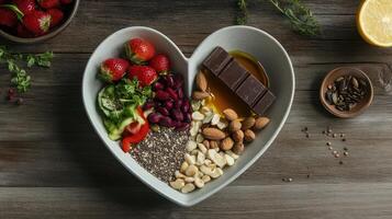 A heart shaped bowl with strawberries, nuts, and chocolate photo