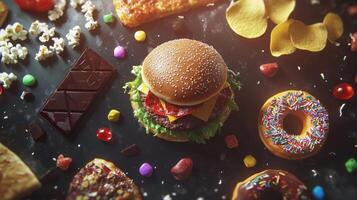 A hamburger, candy, and other food items photo