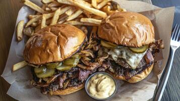 A large burger with fries and pickles photo