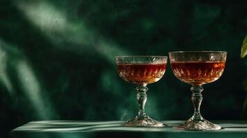 Two wine glasses on a table with a green plant photo