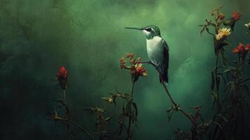 A hummingbird perched on a flower stem in front of a green background photo