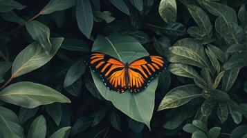 A large orange butterfly on a leaf in the middle of green leaves photo