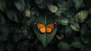 A butterfly is sitting on a leaf in the middle of a jungle photo