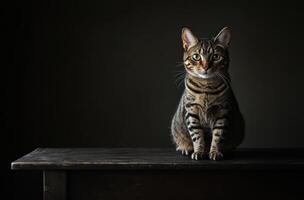A cat sitting on a table in front of a dark background photo