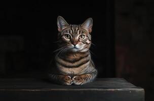 A cat sitting on a wooden table in front of a dark background photo