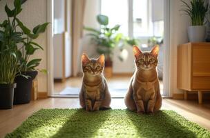 Two cats sitting on a rug in a room photo