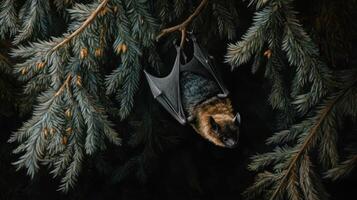A painting of a bat hanging from a tree photo