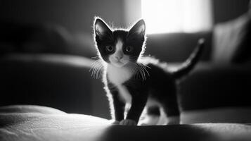 A black and white photo of a kitten