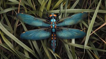A blue dragonfly sitting on top of some grass photo